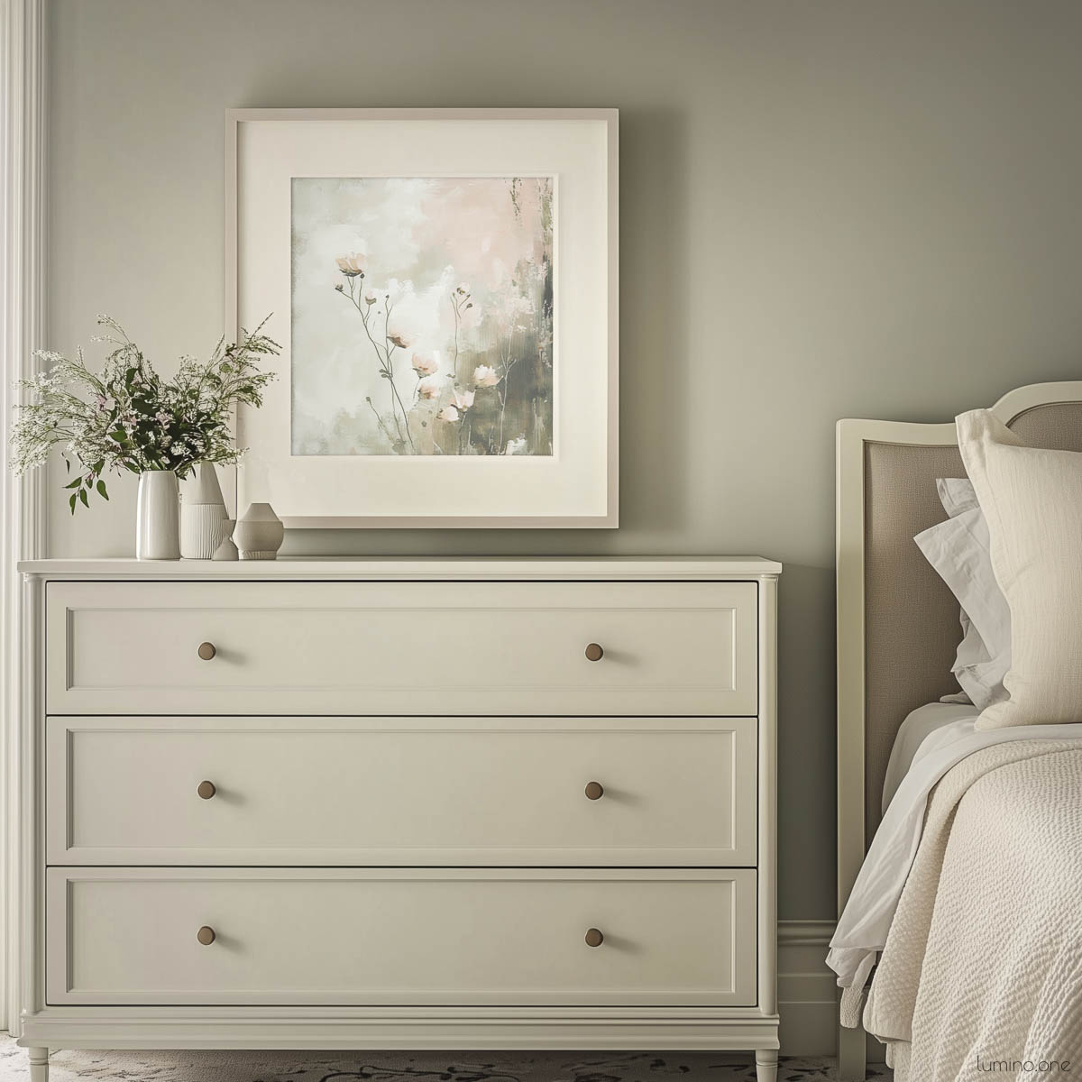 Botanical canvas print featuring delicate wildflowers in sage green and blush pink tones, displayed in white float frame above cream dresser in neutral bedroom setting with white bedding and floral area rug