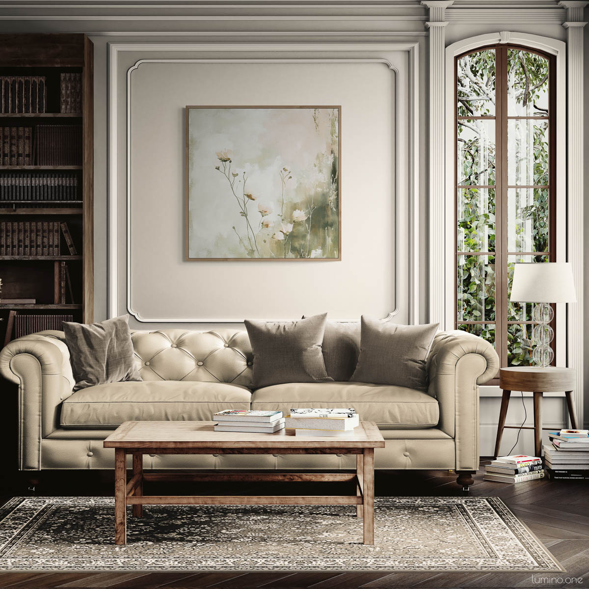 Botanical canvas print featuring sage green wildflowers in natural wood float frame, displayed above beige tufted Chesterfield sofa in elegant traditional living room with crown molding, built-in bookshelves, and French doors