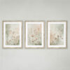 Three framed botanical prints featuring delicate wildflowers, dried grasses and cosmos flowers in soft neutral tones with white matting and natural wood frames, arranged as a gallery wall on a light gray background
