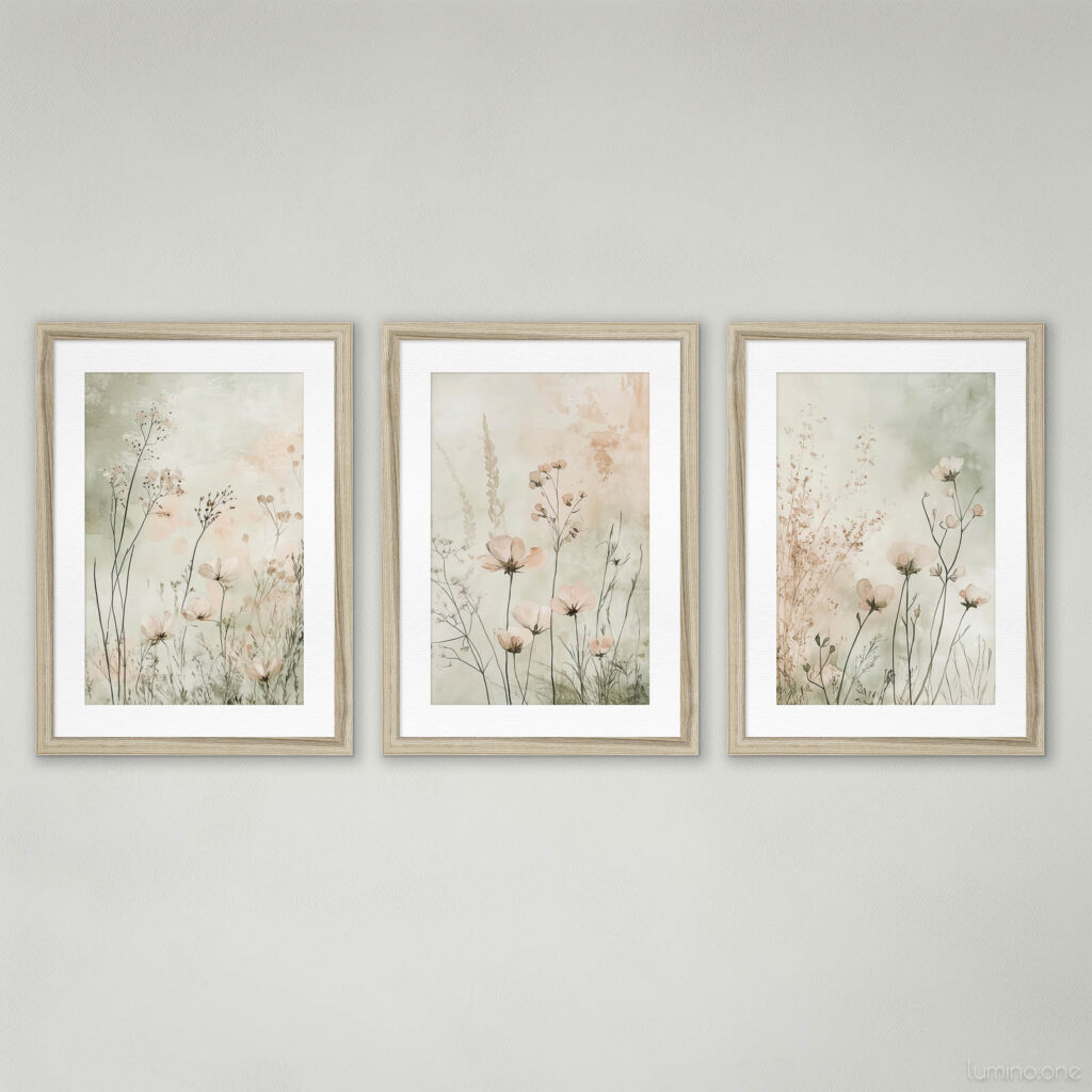 Three framed botanical prints featuring delicate wildflowers, dried grasses and cosmos flowers in soft neutral tones with white matting and natural wood frames, arranged as a gallery wall on a light gray background