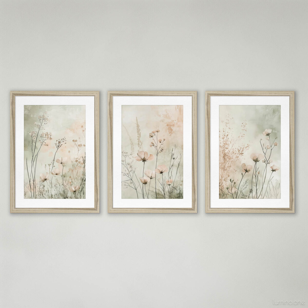 Three framed botanical prints featuring delicate wildflowers, dried grasses and cosmos flowers in soft neutral tones with white matting and natural wood frames, arranged as a gallery wall on a light gray background