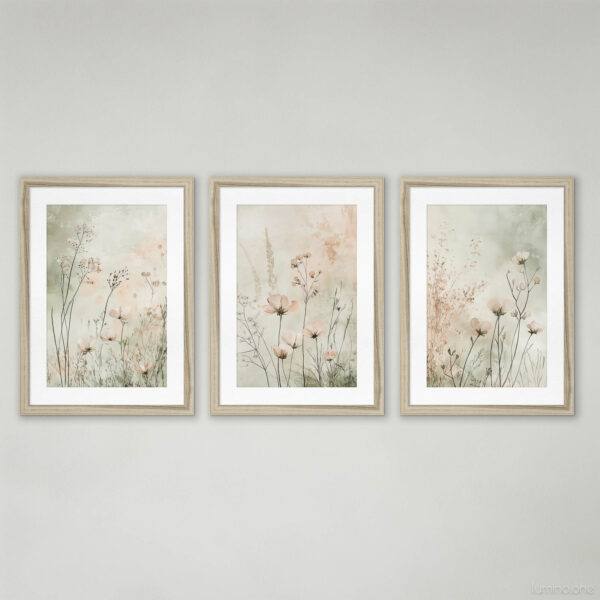 Three framed botanical prints featuring delicate wildflowers, dried grasses and cosmos flowers in soft neutral tones with white matting and natural wood frames, arranged as a gallery wall on a light gray background
