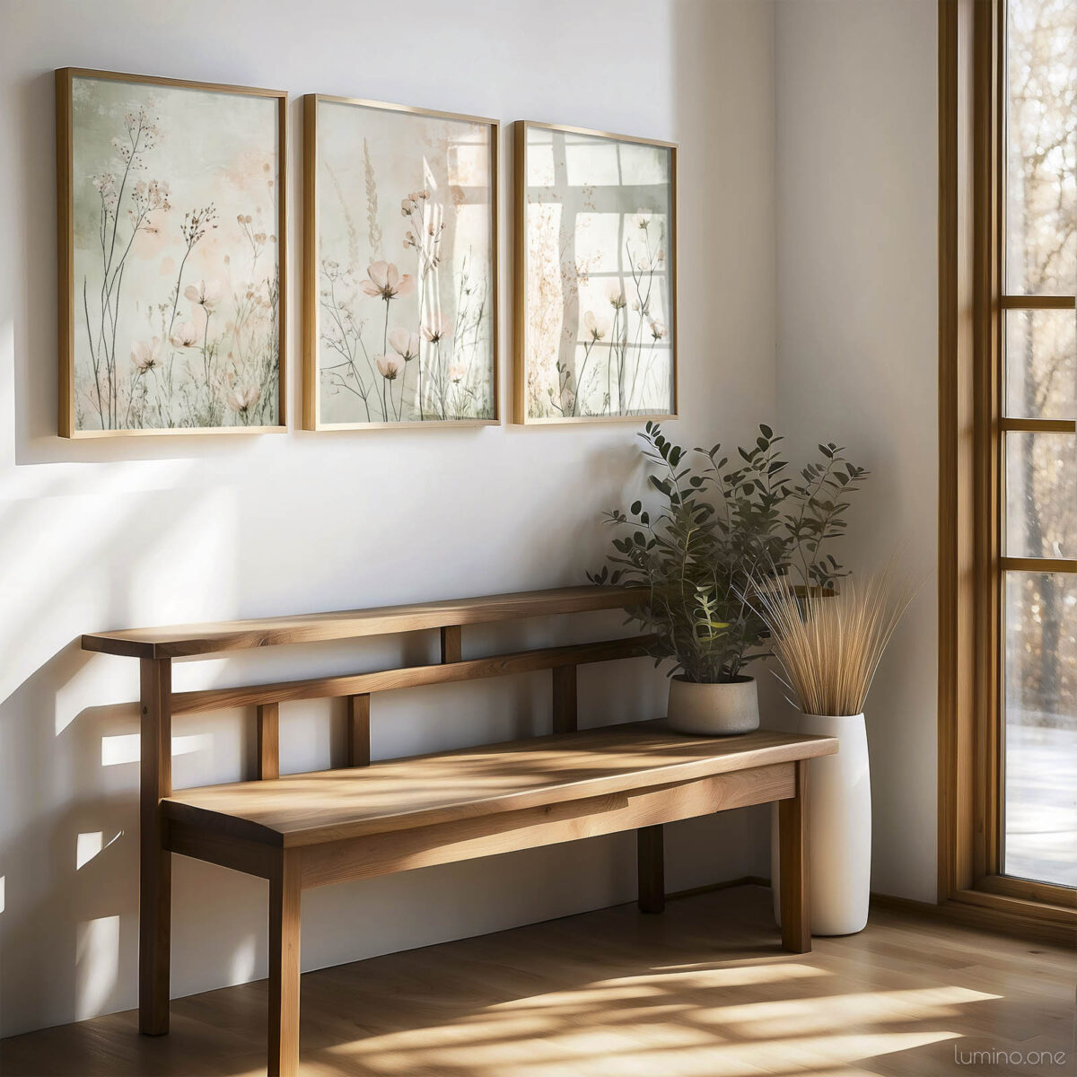 Set of three framed botanical prints featuring delicate wildflowers and dried grasses in soft neutral tones, displayed above a modern wooden bench in a bright entryway with natural light streaming through windows and potted plants