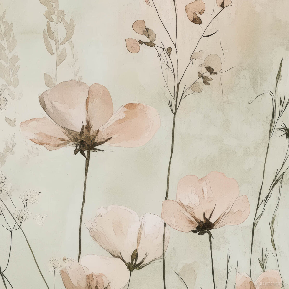 Ethereal cosmos flowers watercolor art print in blush pink and sage green, modern botanical wall decor, delicate floral painting for living room