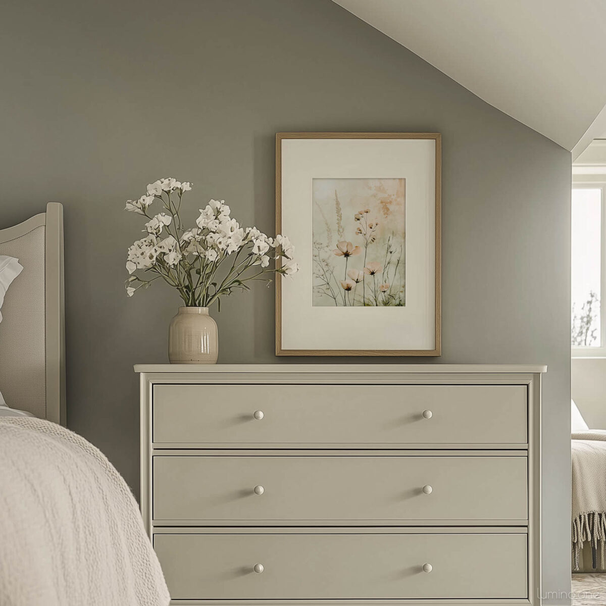 Framed botanical print featuring delicate wildflowers and cosmos in soft pink and beige watercolor tones, hanging above an ornate cream French provincial nightstand with cherry blossoms in a gold vase, styled in an elegant bedroom with sage green walls