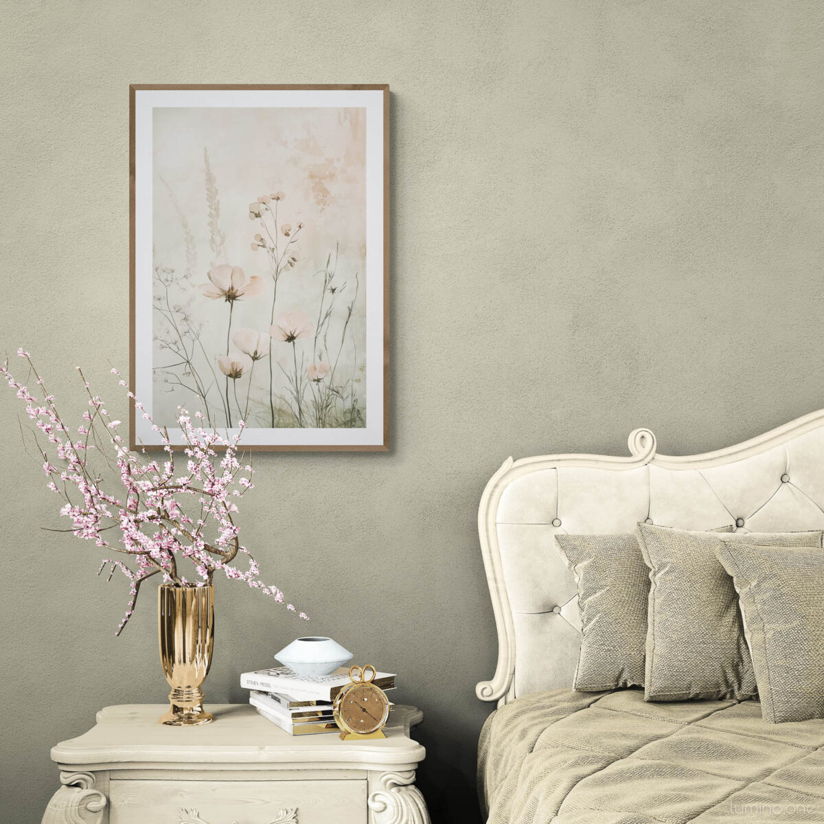 Framed botanical print featuring delicate wildflowers and cosmos in soft pink and beige watercolor tones, hanging above an ornate cream French provincial nightstand with cherry blossoms in a gold vase, styled in an elegant bedroom with sage green walls