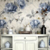 Vintage blue peony toile wallpaper in dining room with white buffet cabinet, ceramic pottery and traditional home decor styling