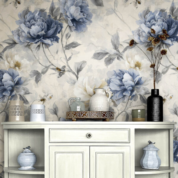 Vintage blue peony toile wallpaper in dining room with white buffet cabinet, ceramic pottery and traditional home decor styling