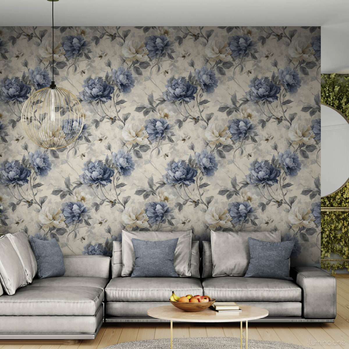 Vintage blue peony toile wallpaper displayed as accent wall in contemporary living room with gray sectional sofa and modern decor