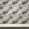 Vintage inspired toile wallpaper pattern featuring blue and cream peonies with warm undertones in traditional floral repeat design