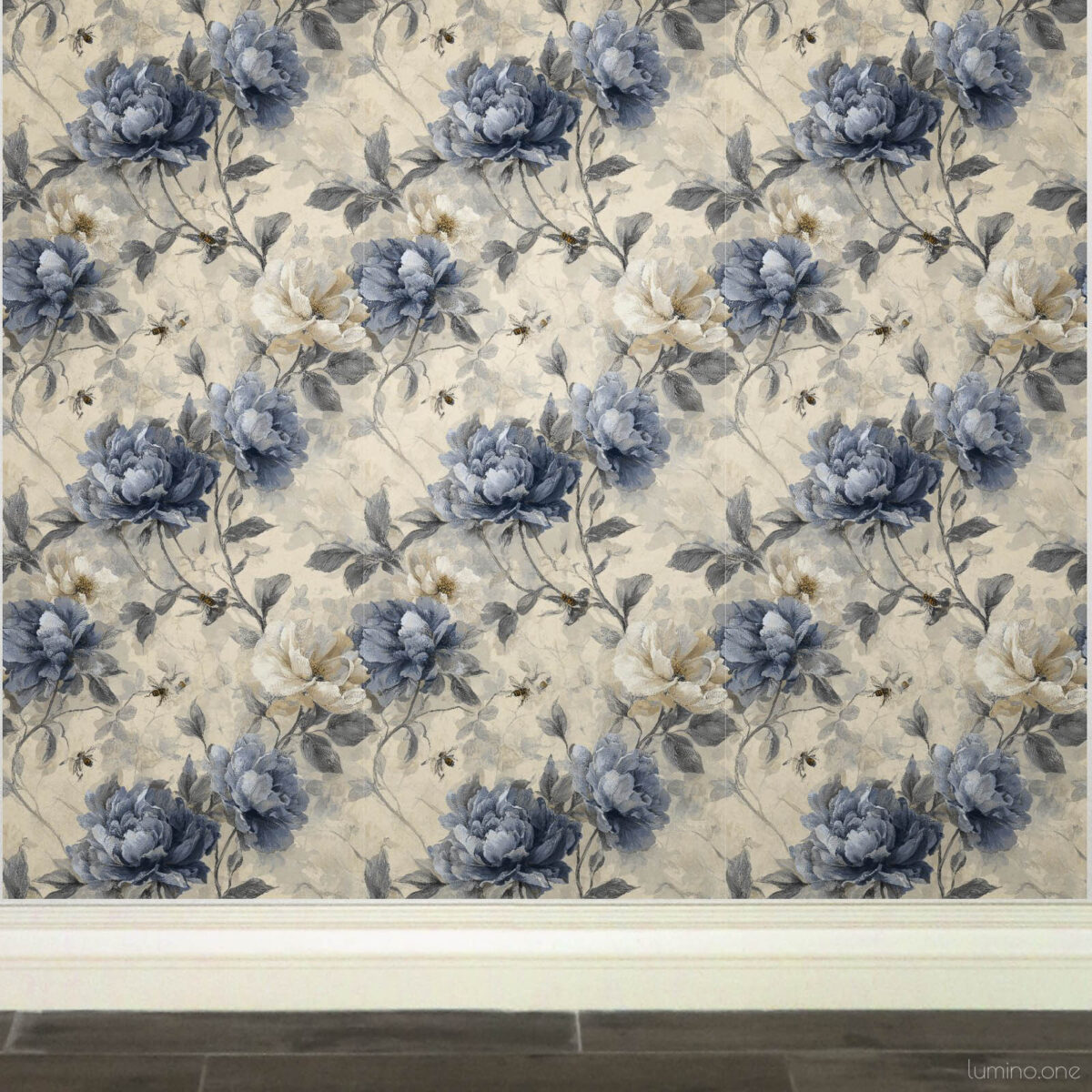 Vintage inspired toile wallpaper pattern featuring blue and cream peonies with warm undertones in traditional floral repeat design
