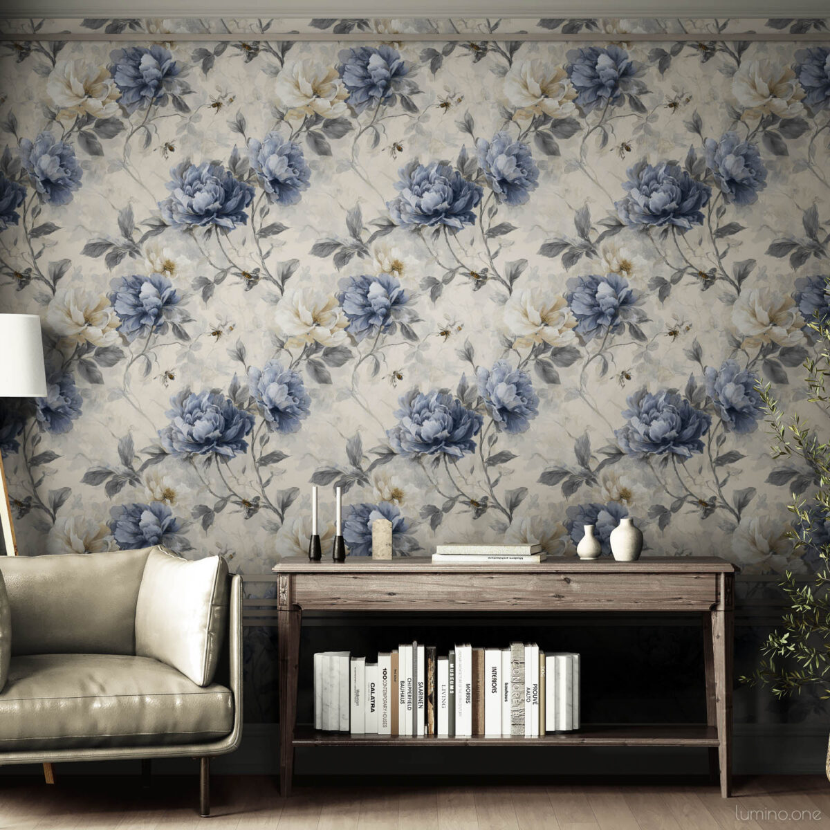 Vintage blue peony toile wallpaper in cozy reading nook with wooden console table, comfortable chair and natural lighting