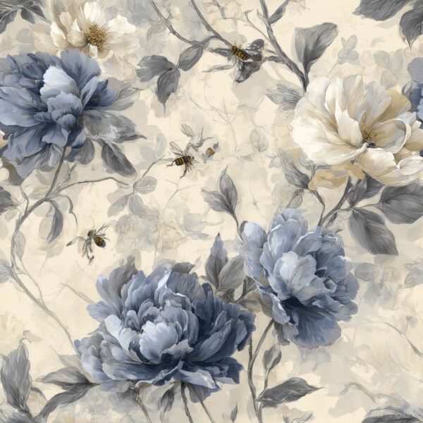 Vintage French Toile Wallpaper Pattern Blue Peonies - Design 1