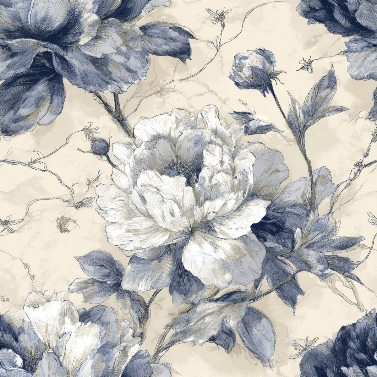 Classic French Toile Wallpaper Pattern Blue Peonies - Design 2