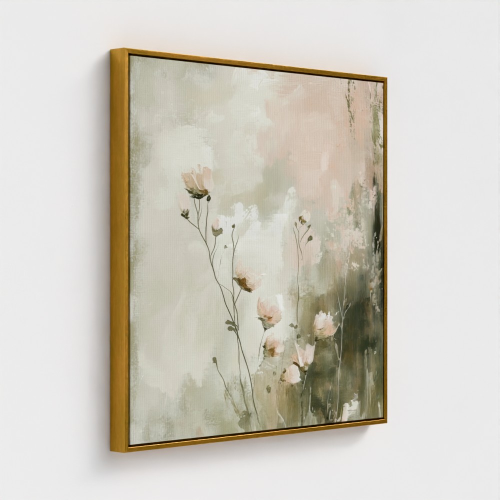 Dreamy Pink Blooms Botanical Print - Serene Floral Wall Art - Modern Farmhouse Decor - Gold Float Frame Canvas