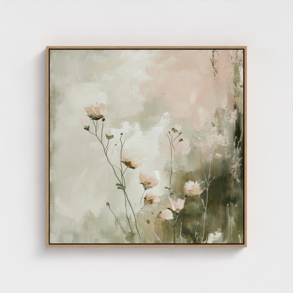 Dreamy Pink Blooms Botanical Print - Serene Floral Wall Art - Modern Farmhouse Decor - Natural Wood Float Frame Canvas