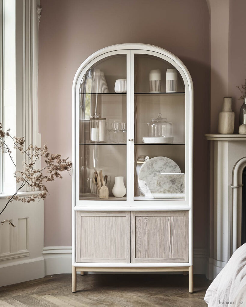 White arched display cabinet with glass doors showcasing neutral ceramic collection and marble cutting boards against dusty rose bedroom wall