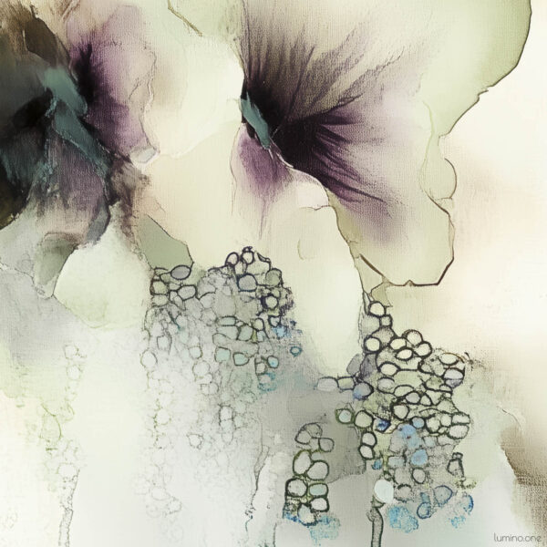 An abstract painting of a biophilic study in olive and mint green and dark plum color accents