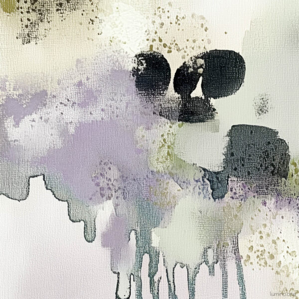 An abstract painting of a biophilic study in olive and mint green and dark plum color accents