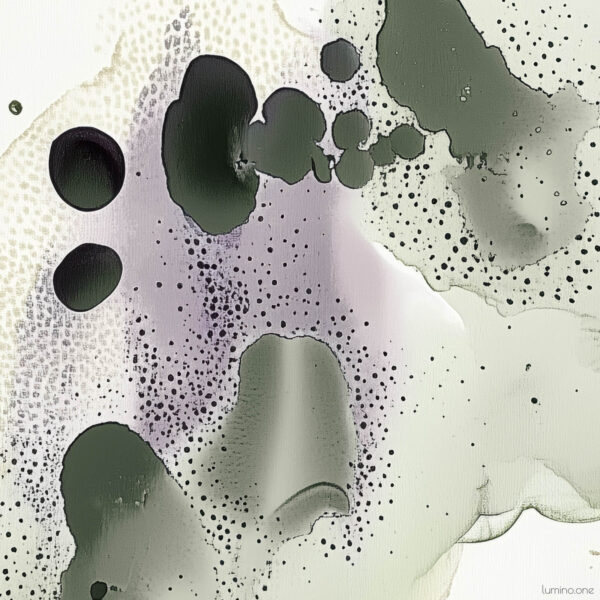 An abstract painting of a biophilic study in olive and mint green and dark plum color accents