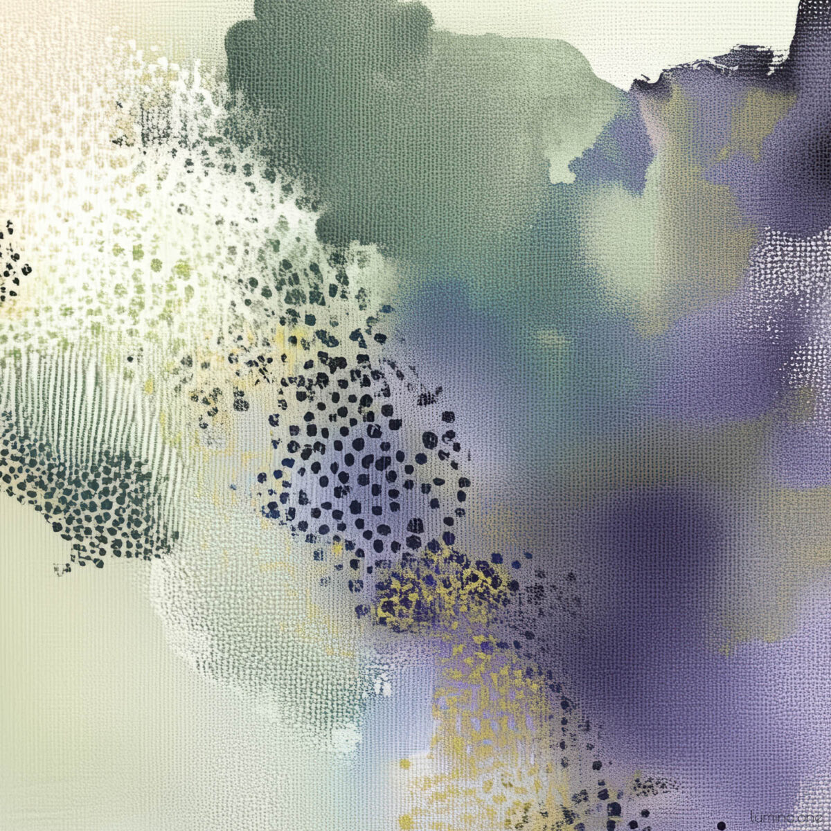 An abstract painting of a biophilic study in olive and mint green and dark plum color accents