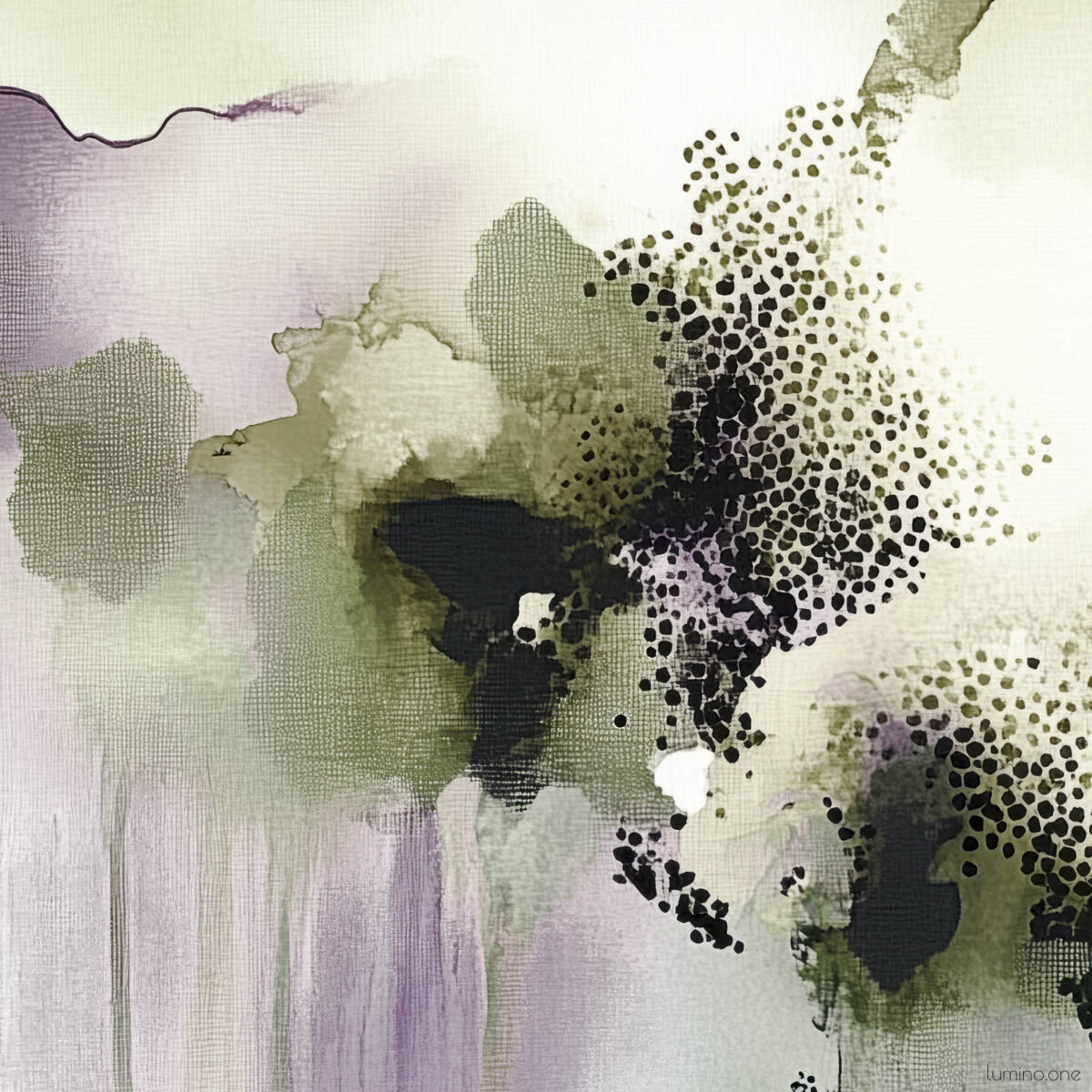 An abstract painting of a biophilic study in olive and mint green and dark plum color accents