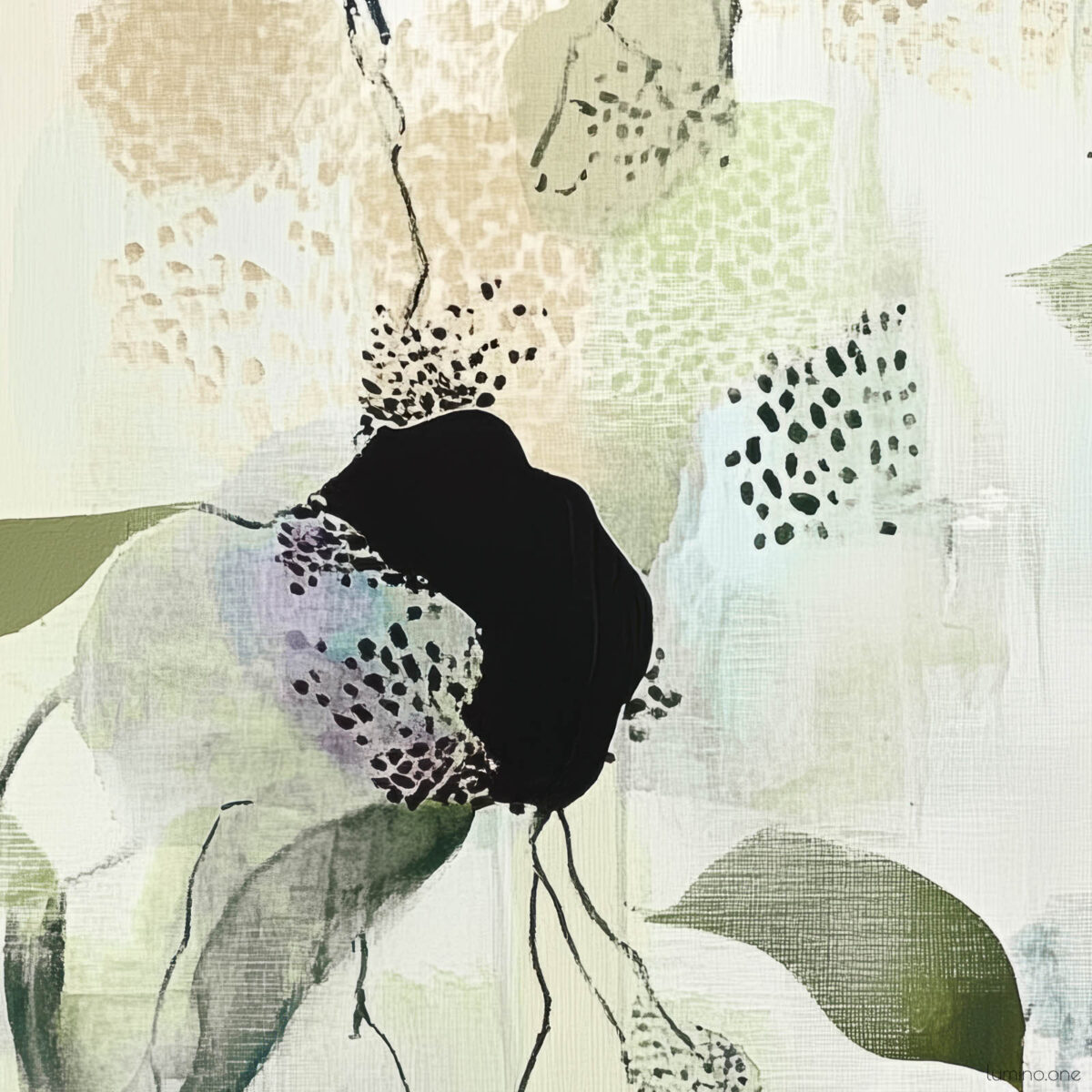 An abstract painting of a biophilic study in olive and mint green and dark plum color accents