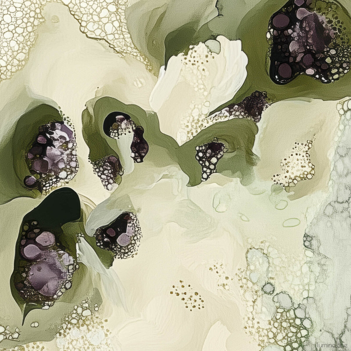 An abstract painting of a biophilic study in olive and mint green and dark plum color accents