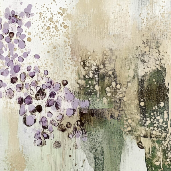 An abstract painting of a biophilic study in olive and mint green and dark plum color accents