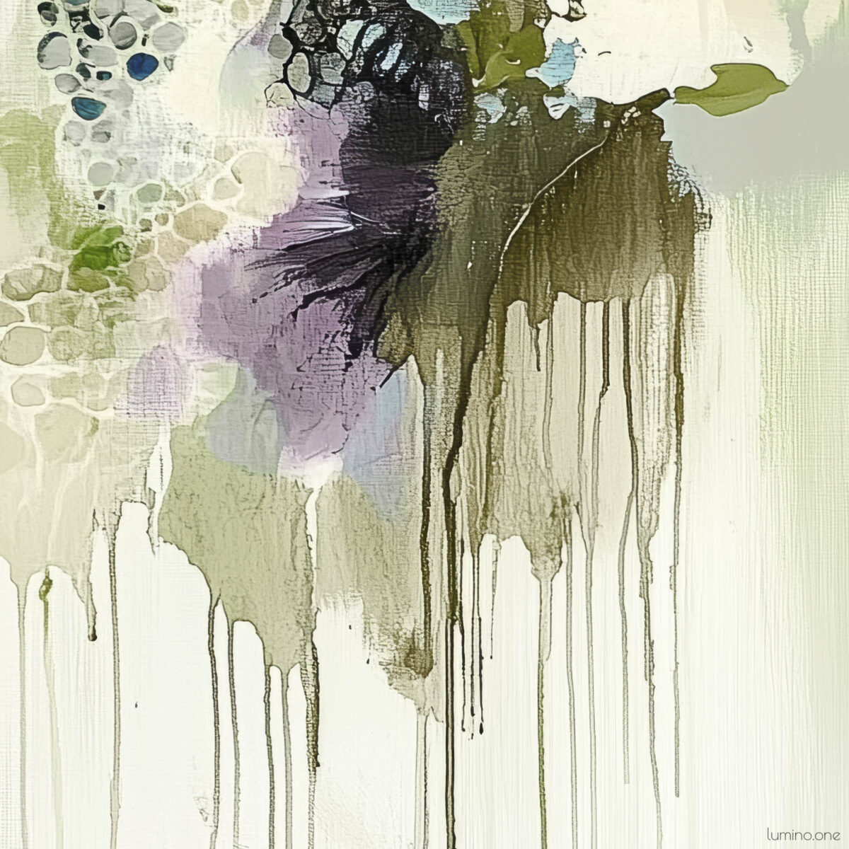 An abstract painting of a biophilic study in olive and mint green and dark plum color accents
