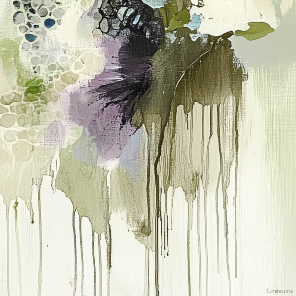 An abstract painting of a biophilic study in olive and mint green and dark plum color accents