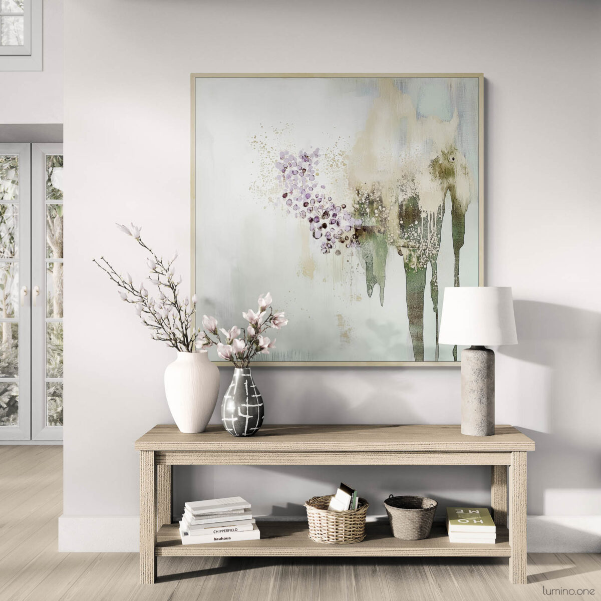 Biophilic Abstract Washes Extra Large Framed Square Art in an Organic Modern Living with Natural Wood Console Table