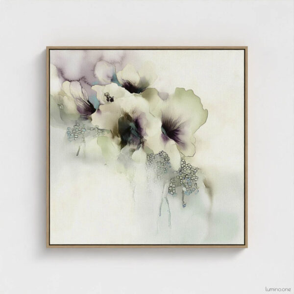 Sage green and purple abstract washes wall art in a biophilic style, in a natural wood floating frame canvas print