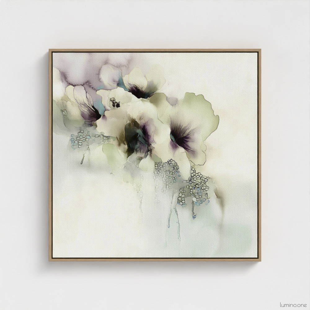 Sage green and purple abstract washes wall art in a biophilic style, in a natural wood floating frame canvas print