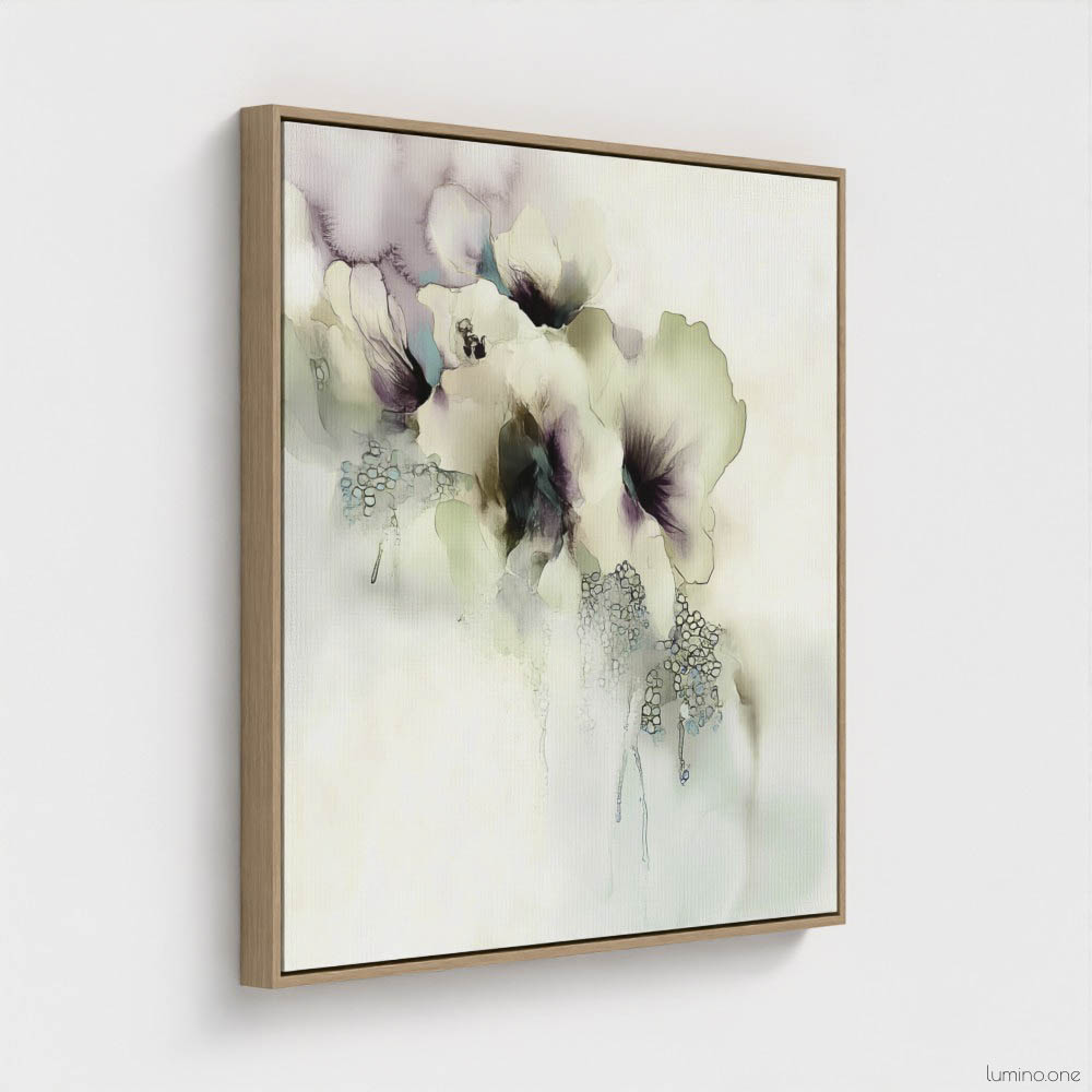 Sage green and purple abstract washes wall art in a biophilic style, in a natural wood floating frame canvas print