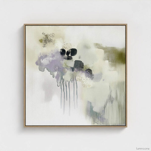 Sage green and purple abstract washes wall art in a biophilic style, in a natural wood floating frame canvas print