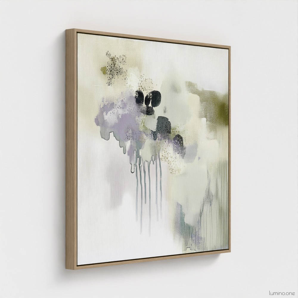 Sage green and purple abstract washes wall art in a biophilic style, in a natural wood floating frame canvas print