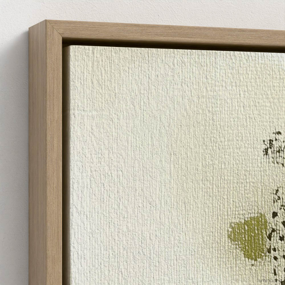 Sage green and purple abstract washes wall art in a biophilic style, in a natural wood floating frame canvas print