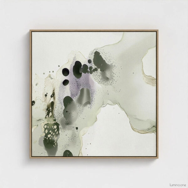 Sage green and purple abstract washes wall art in a biophilic style, in a natural wood floating frame canvas print