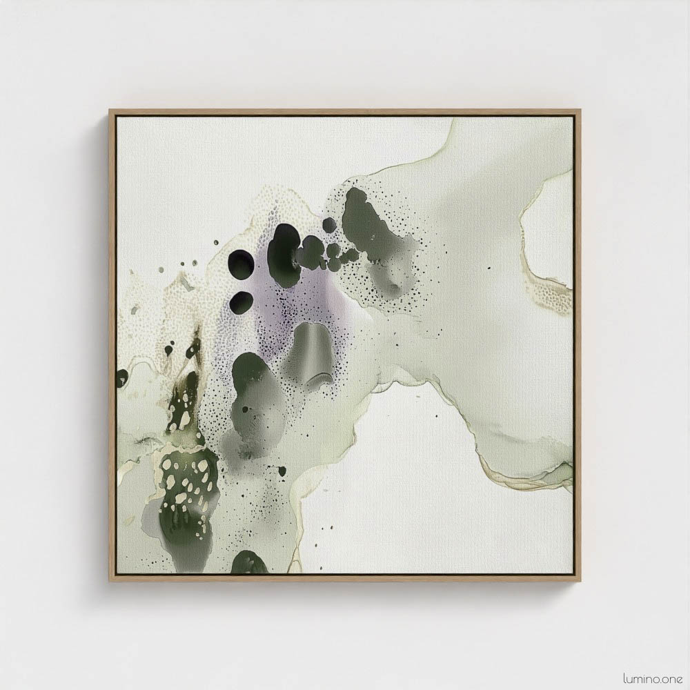 Sage green and purple abstract washes wall art in a biophilic style, in a natural wood floating frame canvas print