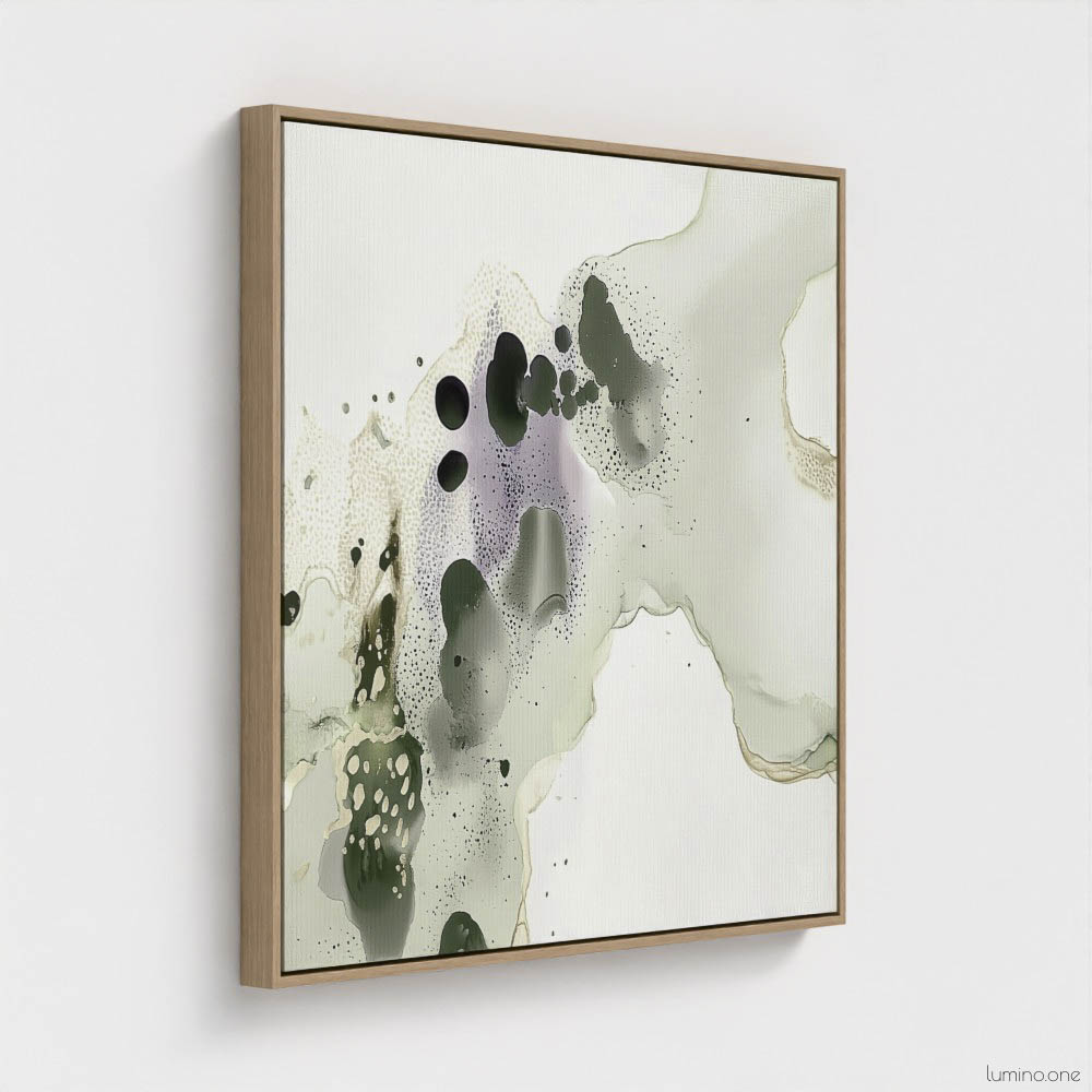Sage green and purple abstract washes wall art in a biophilic style, in a natural wood floating frame canvas print