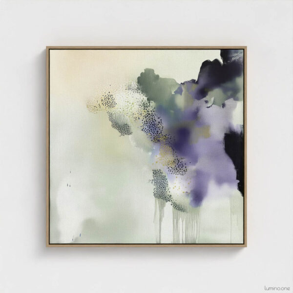 Sage green and purple abstract washes wall art in a biophilic style, in a natural wood floating frame canvas print