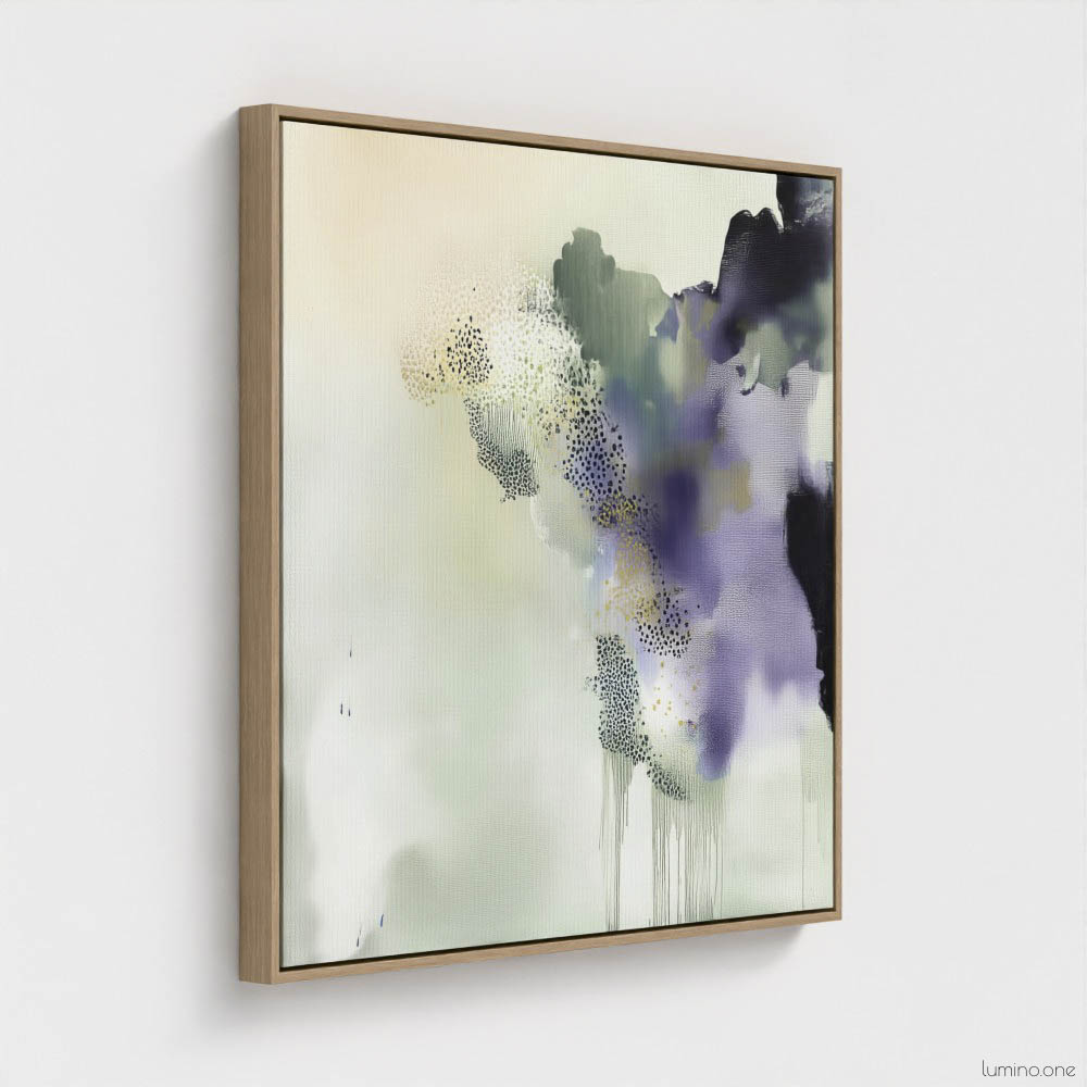 Sage green and purple abstract washes wall art in a biophilic style, in a natural wood floating frame canvas print