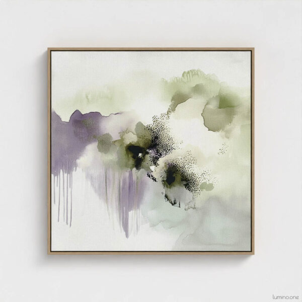 Sage green and purple abstract washes wall art in a biophilic style, in a natural wood floating frame canvas print