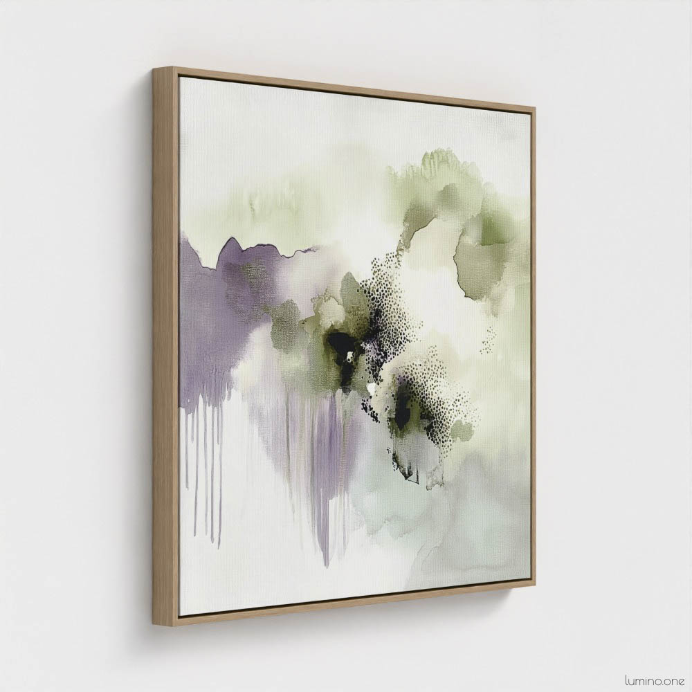 Sage green and purple abstract washes wall art in a biophilic style, in a natural wood floating frame canvas print