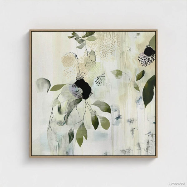Sage green and purple abstract washes wall art in a biophilic style, in a natural wood floating frame canvas print