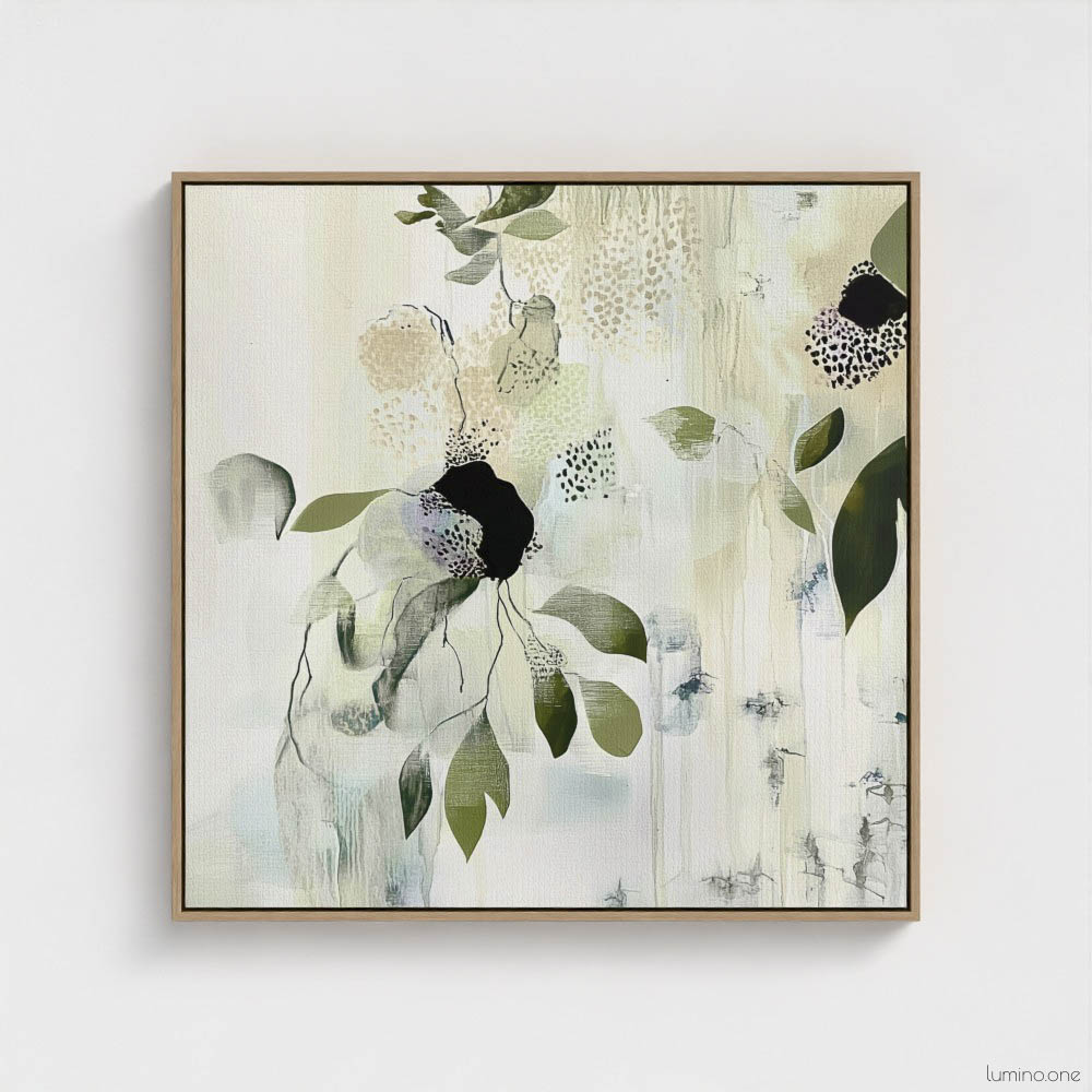 Sage green and purple abstract washes wall art in a biophilic style, in a natural wood floating frame canvas print