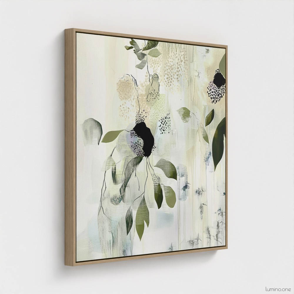 Sage green and purple abstract washes wall art in a biophilic style, in a natural wood floating frame canvas print