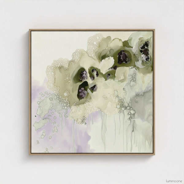 Sage green and purple abstract washes wall art in a biophilic style, in a natural wood floating frame canvas print