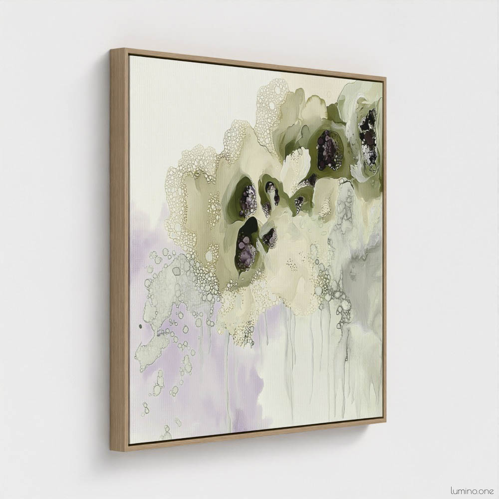 Sage green and purple abstract washes wall art in a biophilic style, in a natural wood floating frame canvas print